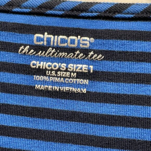 Chico's Top  Blue Striped Ultimate Tee Pima Cotton Side Slit 3/4 Sleeve size M/8 - Picture 5 of 9